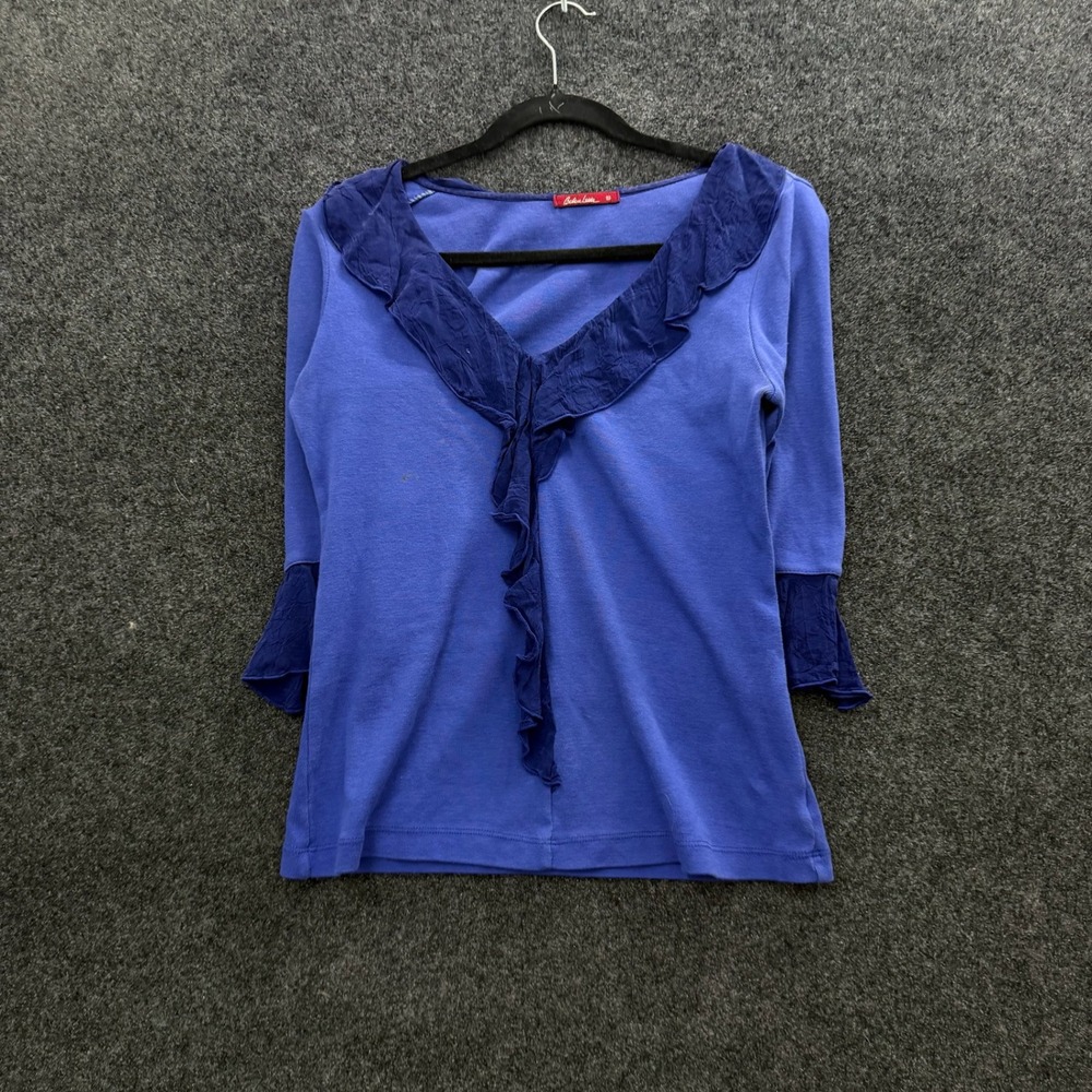 Barbara Lesser Vintage Y2K Blue Ruffle V-Neck 3/4 Sleeve Top Small Made in USA